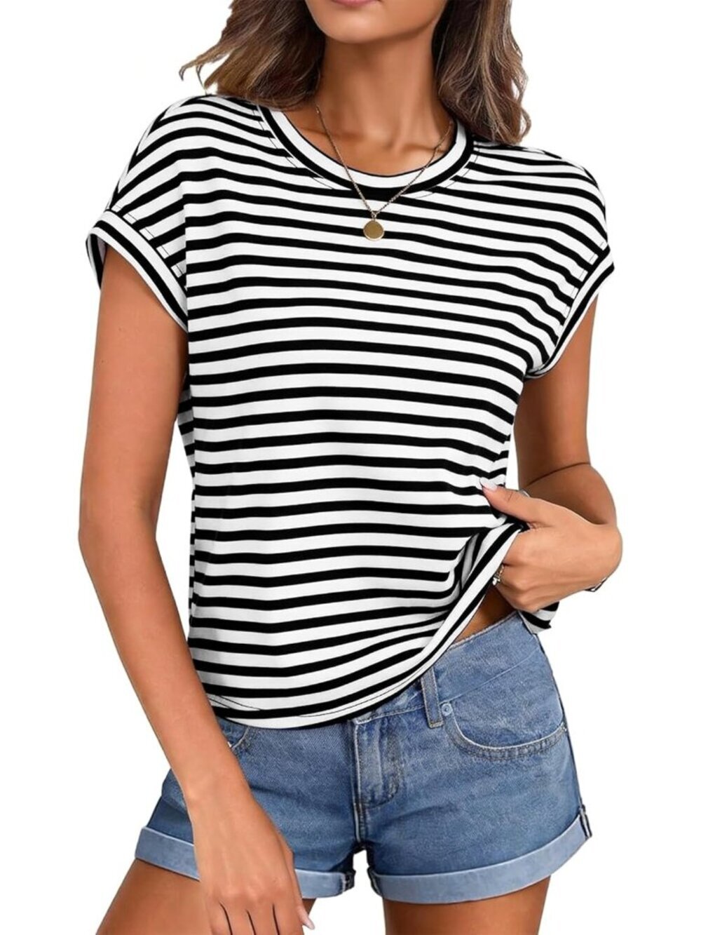 Women's Wide Stripe Black Cute Short Sleeve Boxy Crew Neck Basic Summer Crop Top